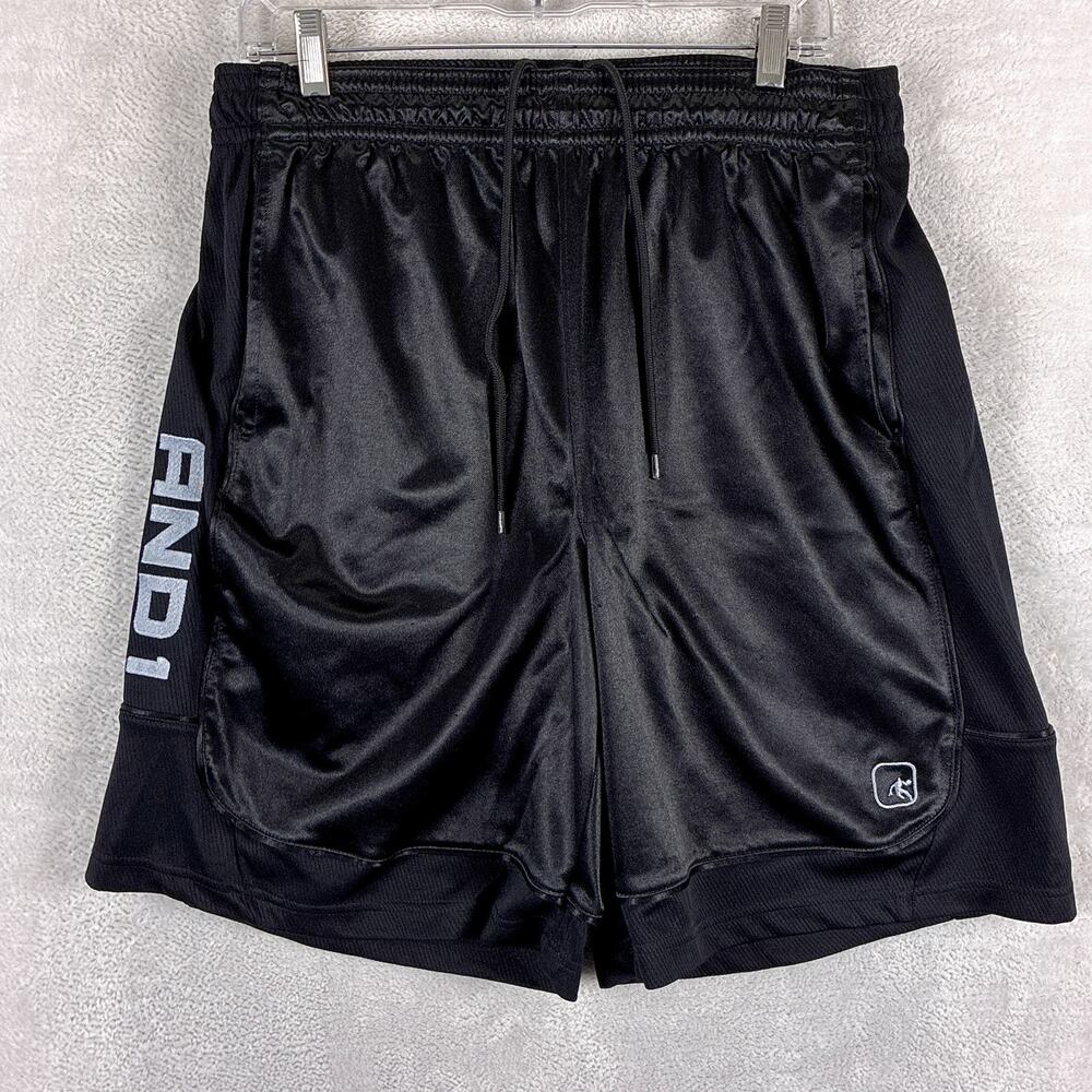 VTG AND1 Shorts Men L Black Dazzle Basketball Shiny Silky Mesh Gym Workout Y2K
